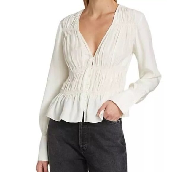 FRAME Women's V-Neck Ruched Button-Down Top silk shirt Size XS
